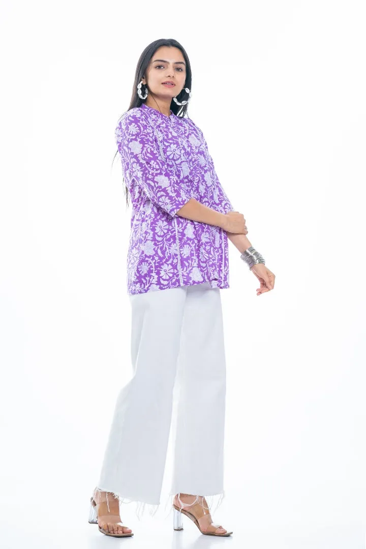 Ekisha's women purple designer floral printed cotton tunic top short kurti