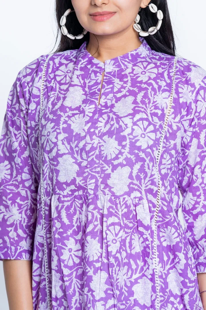 Ekisha's women purple designer floral printed cotton tunic top short kurti