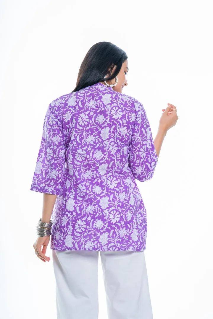 Ekisha's women purple designer floral printed cotton tunic top short kurti