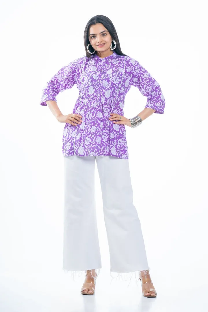 Ekisha's women purple designer floral printed cotton tunic top short kurti