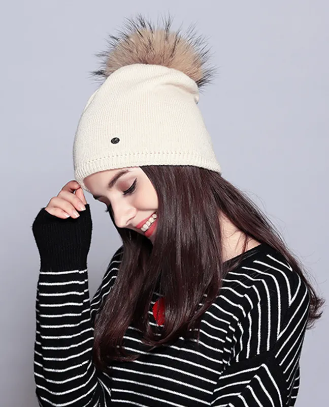 Elegant Raccoon Fur Double Layer Beanie