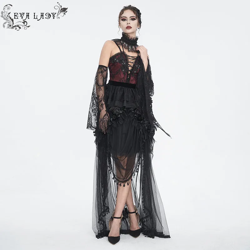 ESKT049 Gothic matte satin pleated soft mesh women long skirt