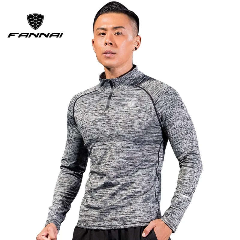 FANNAI Mens T-shirt with Zipper Quick Dry Long Sleeve Camisa Sportswear Men Fitness Outdoor Running Trainining Clothing Gym