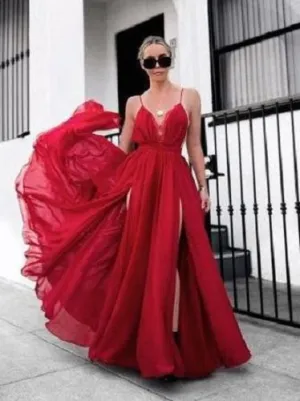 Fashion Red Long Red Prom Dress Sexy Evening Dress Side slit