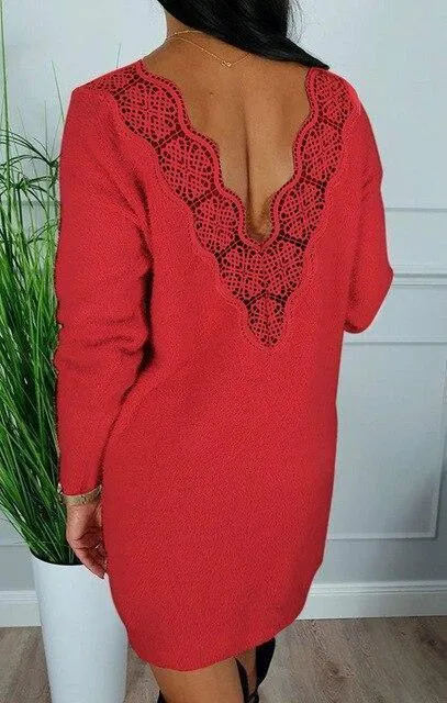 FashionSierra - Deep V Back Long Sleeve Women Dress Bodycon Dress Sexy Dress Women Party Night Club Wear Lace Patchwork