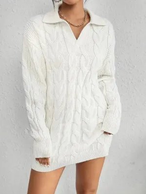 Flytonn- Collar Neck Cable Knit Sweater Dress