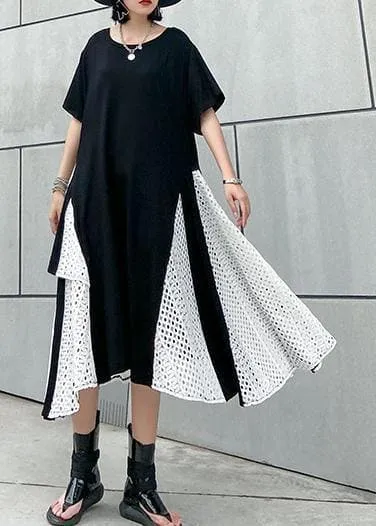 French asymmetric o neck cotton clothes pattern black cotton robes Dresses