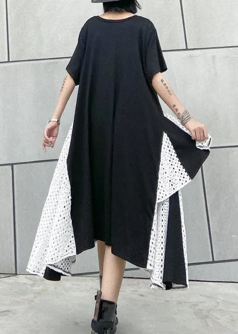 French asymmetric o neck cotton clothes pattern black cotton robes Dresses