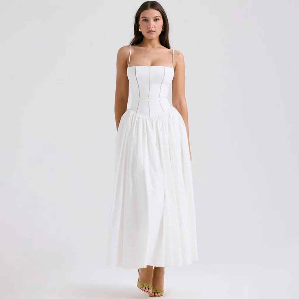 French Style Square Neck Spaghetti Strap Gathered Drop Waist Midi Sundress