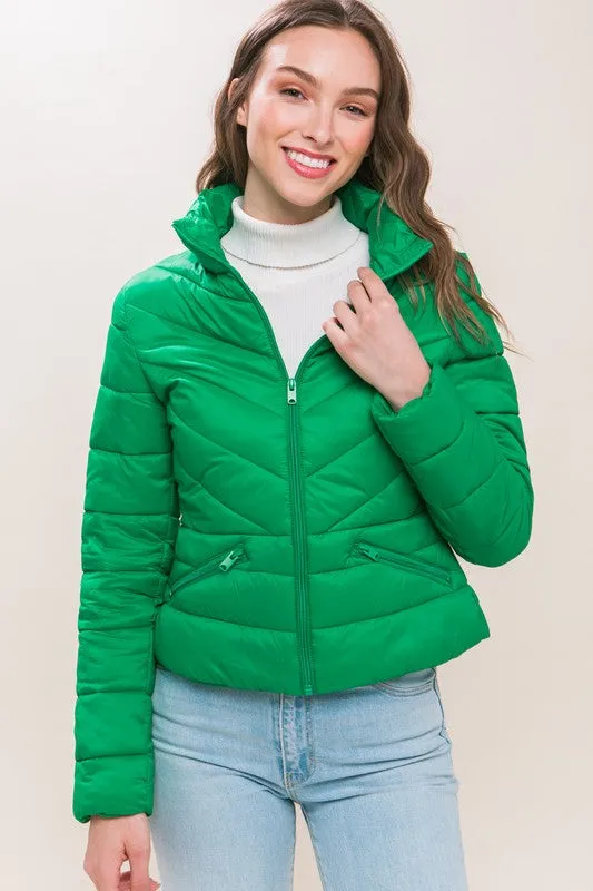 Green Zip Up Puffer Jacket With Storage Bag