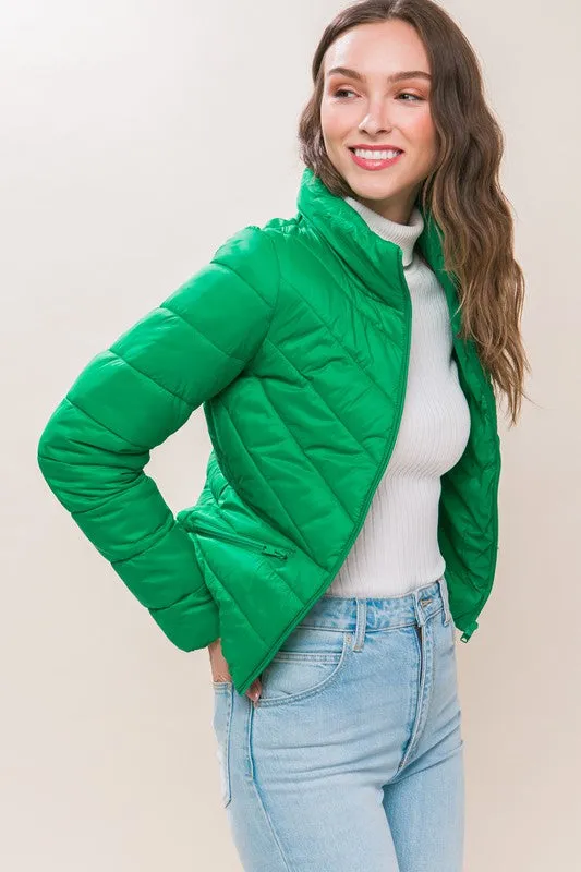 Green Zip Up Puffer Jacket With Storage Bag