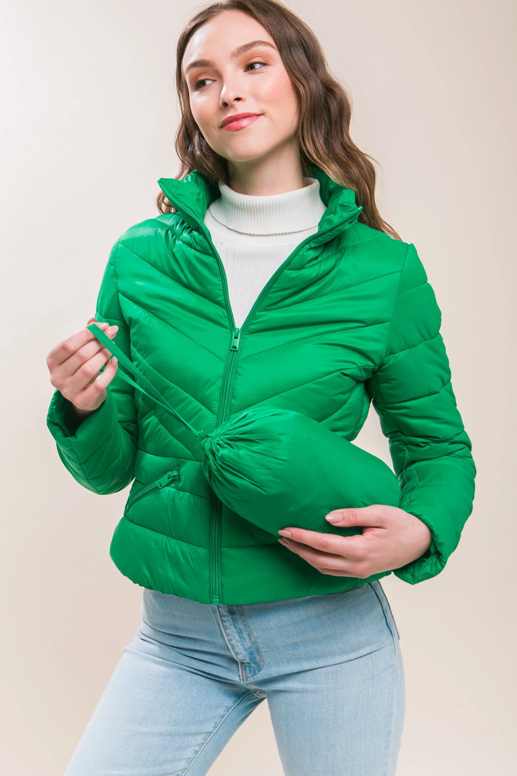 Green Zip Up Puffer Jacket With Storage Bag