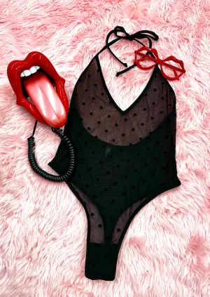 High Cut Halter Bodysuit in Black Polka Dot Mesh