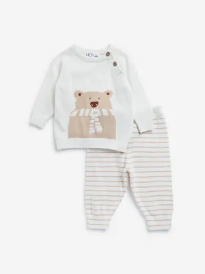 HOP Baby Off-White Bear Design Cotton Sweatshirt with Pants Set