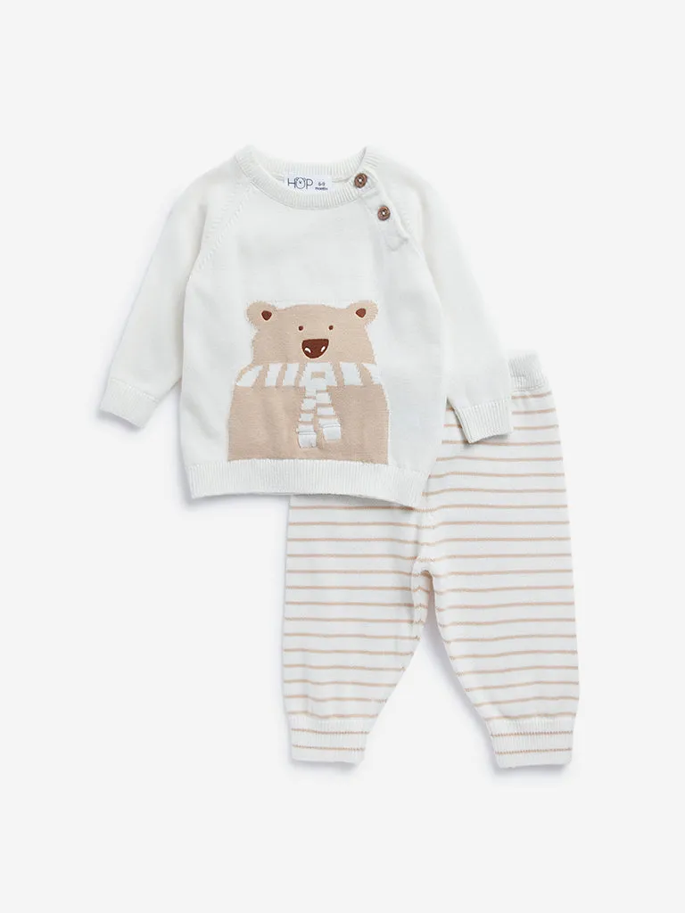 HOP Baby Off-White Bear Design Cotton Sweatshirt with Pants Set