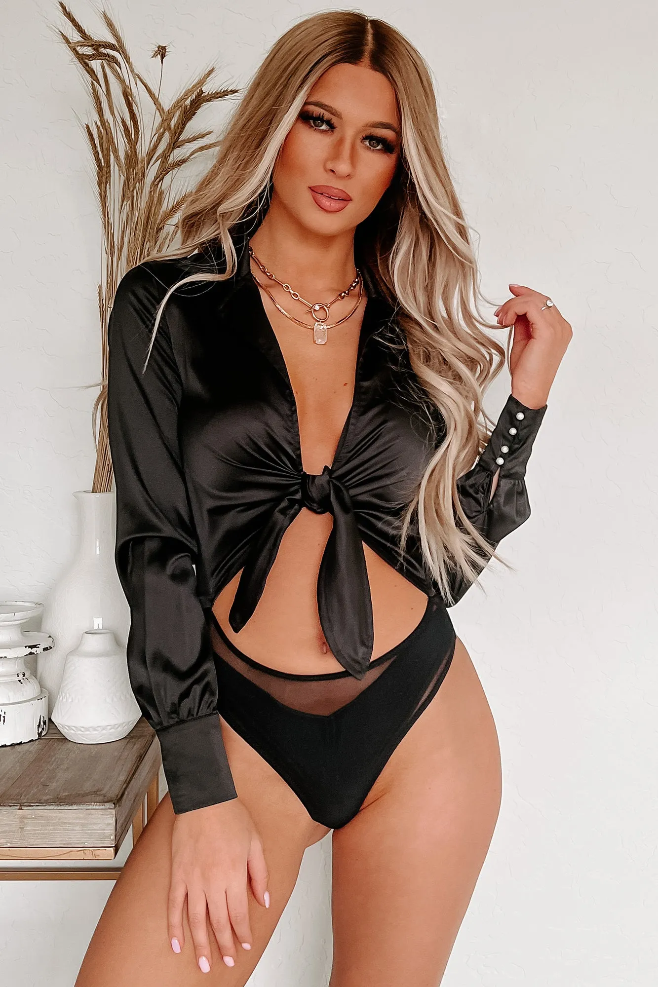 Inner Poise Collared Cut-Out Satin Bodysuit (Black)