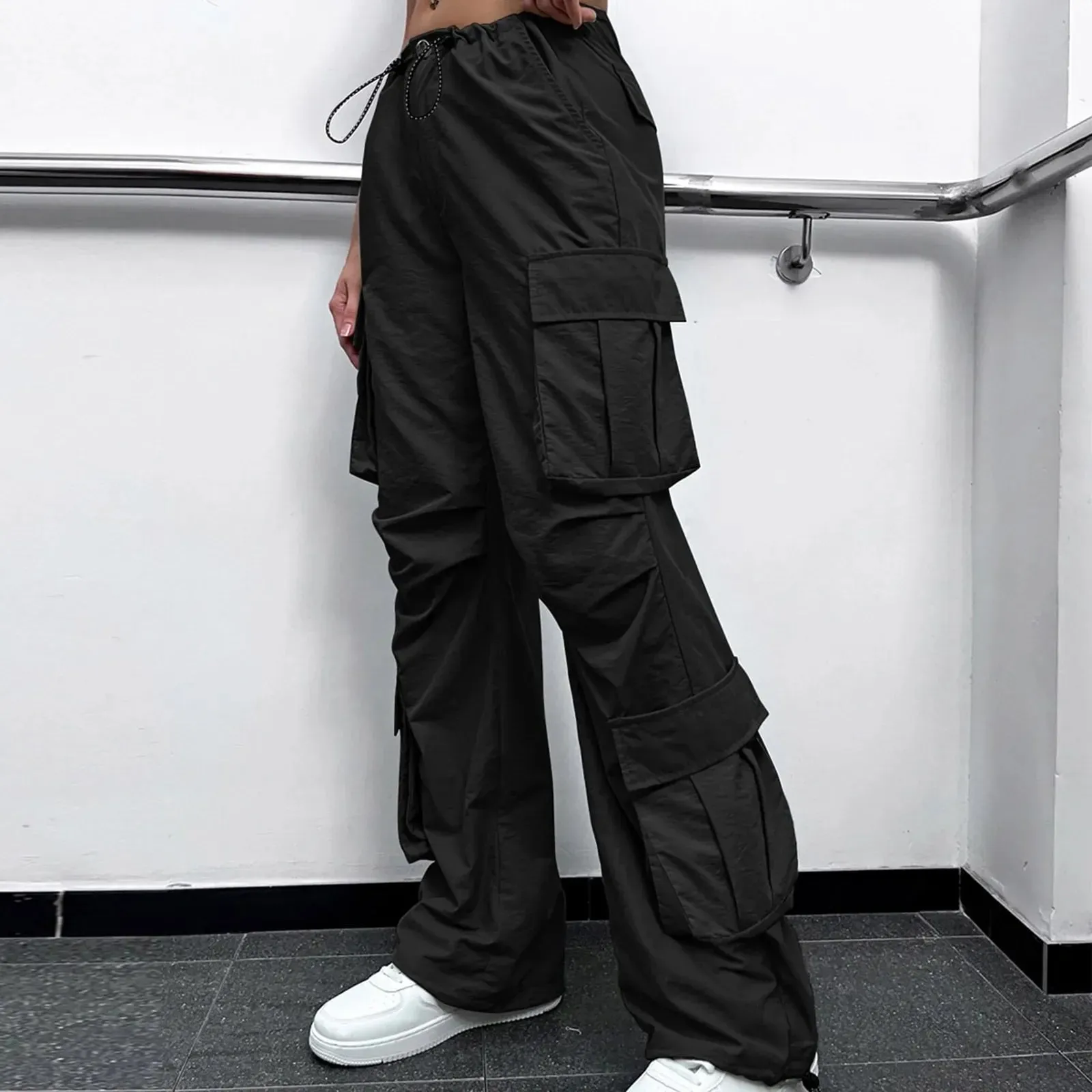 Joggers Tech Women Vintage Hip Hop Low Waist Solid Baggy Trousers Y2K Streetwear Drawstring Wide Leg Cargo Casual Pants