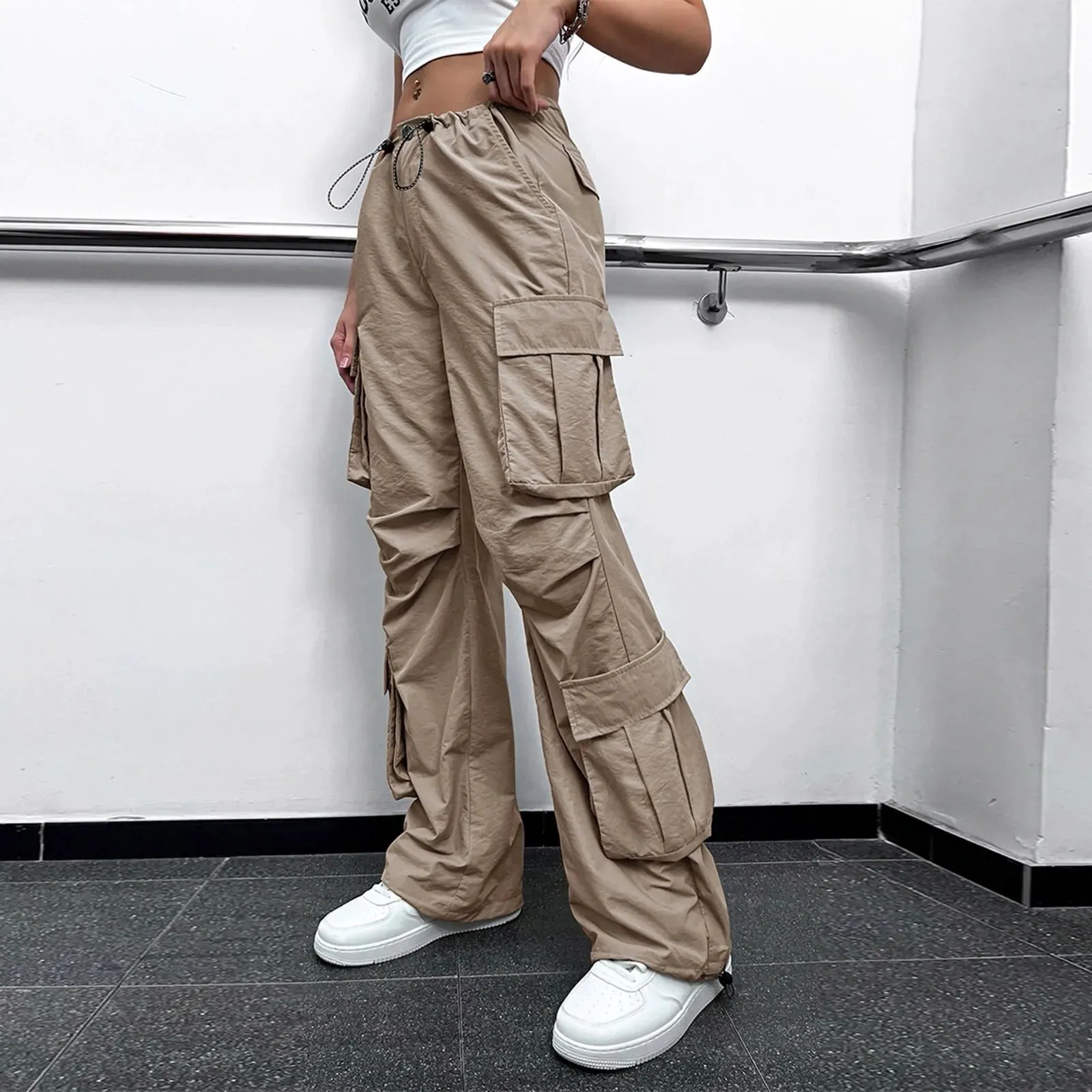 Joggers Tech Women Vintage Hip Hop Low Waist Solid Baggy Trousers Y2K Streetwear Drawstring Wide Leg Cargo Casual Pants