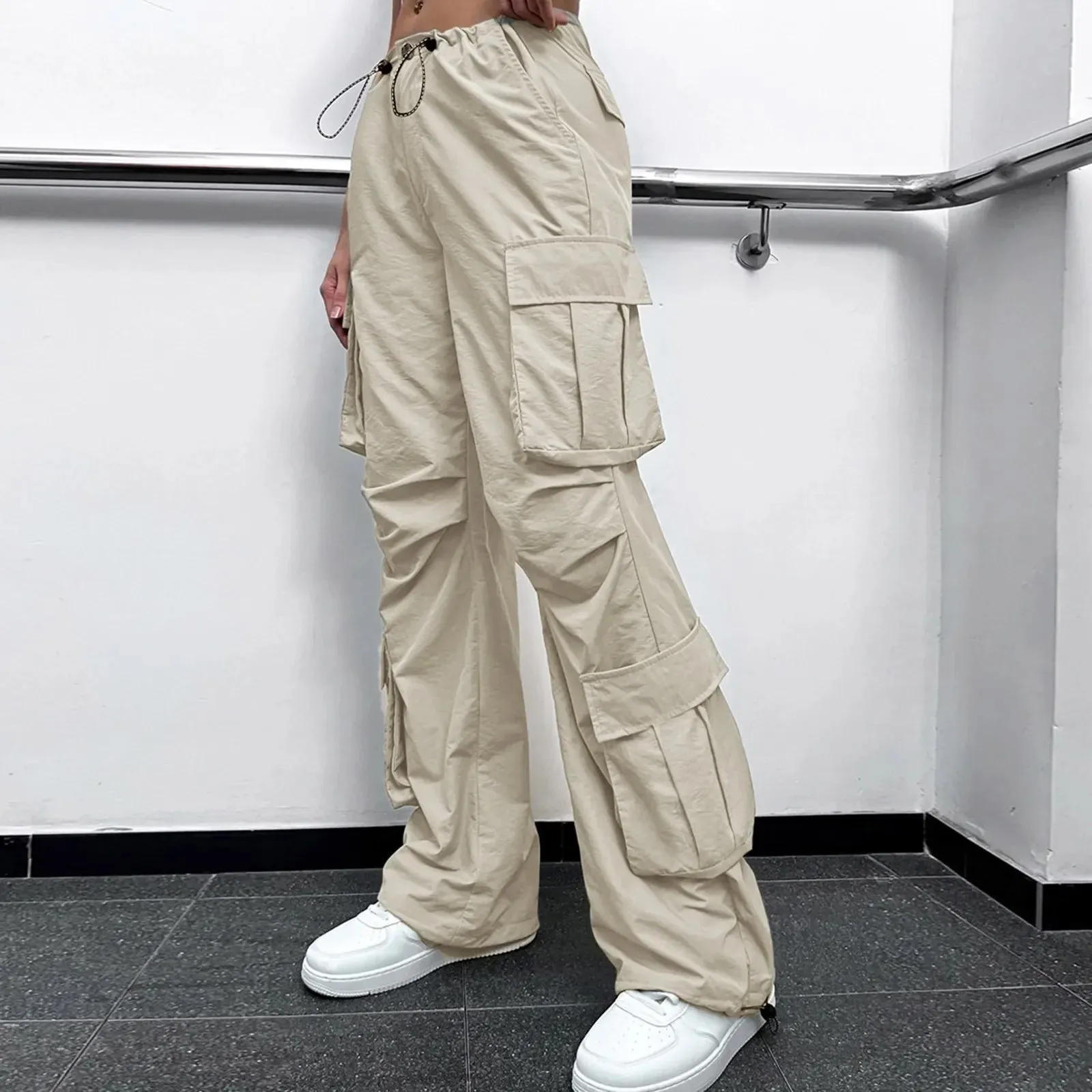 Joggers Tech Women Vintage Hip Hop Low Waist Solid Baggy Trousers Y2K Streetwear Drawstring Wide Leg Cargo Casual Pants