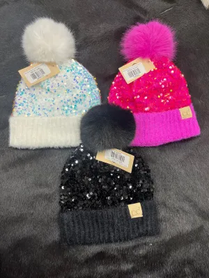 KIDS Cluster Sequin Faux Fur Pom C.C Beanie