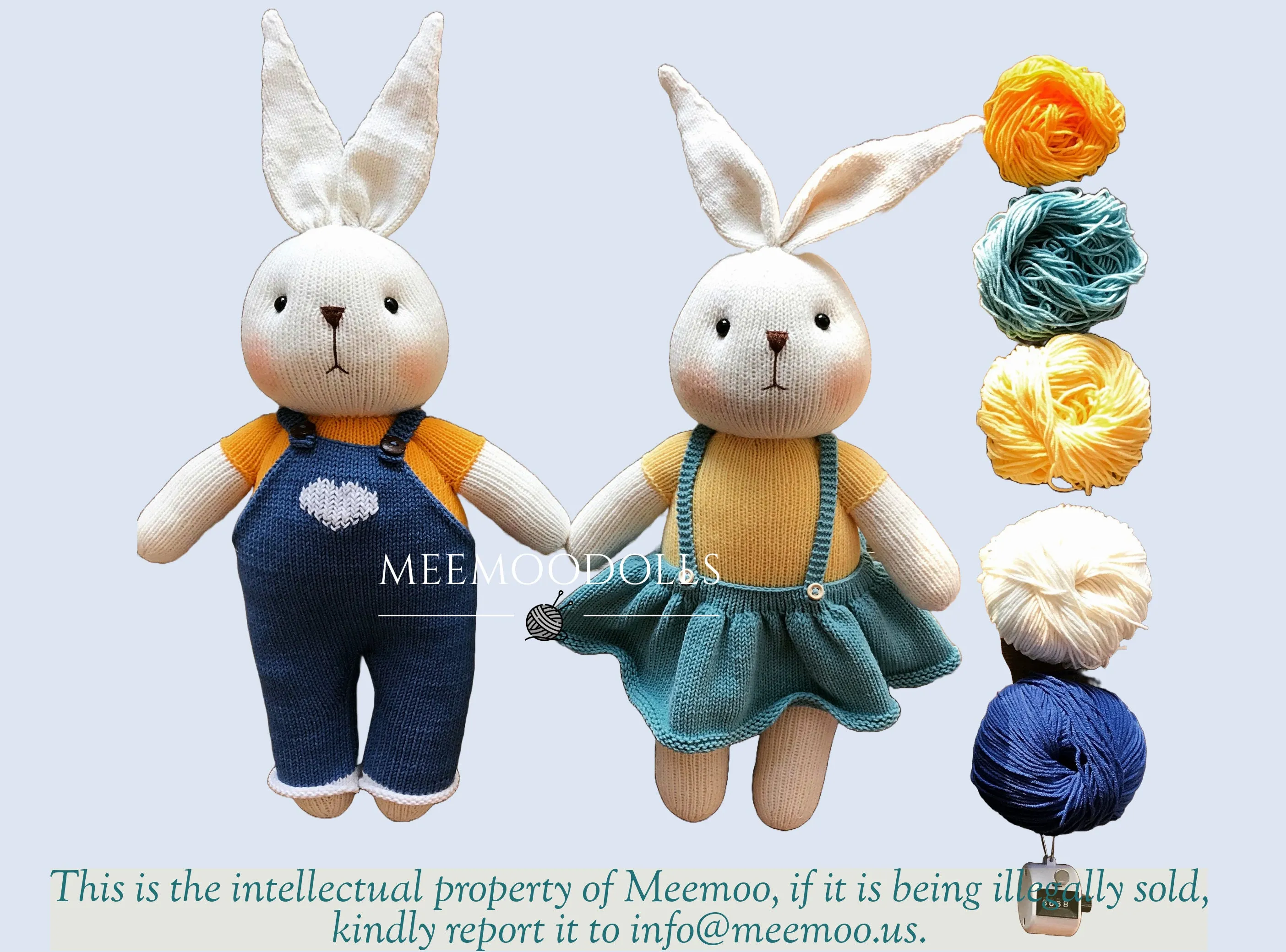 Knit Big Bunnies. Bet and Rig. Knitted toy patterns. Meemoodolls