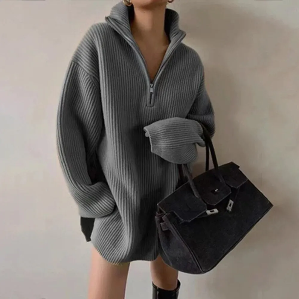 Knitting Loose Patchwork Zipper Sweater For Women V Neck Long Sleeve Solid Minimalsit Pullover Female Clothing