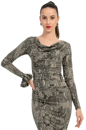 Lace Print Draped Neckline Long Sleeve Top