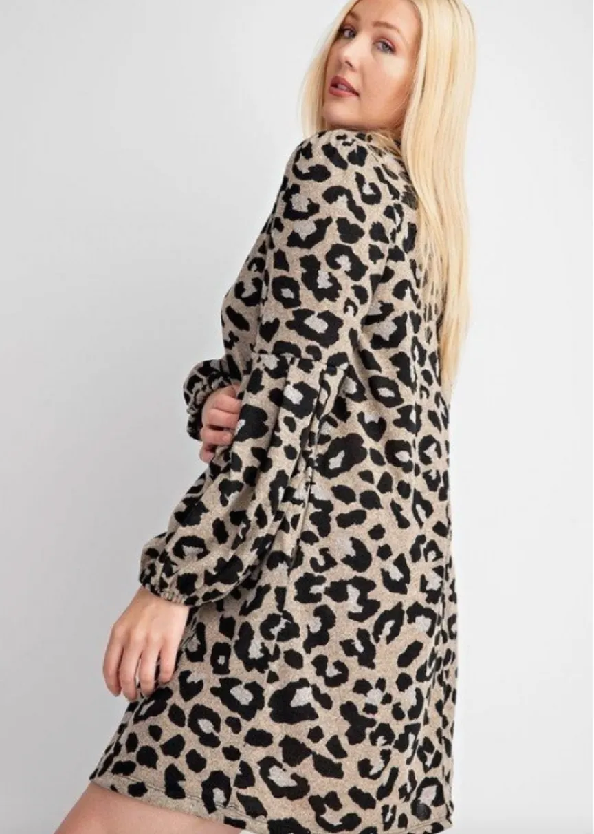 Leopard Bubble Sleeve Swing Curvy Dress