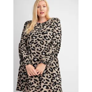 Leopard Bubble Sleeve Swing Curvy Dress