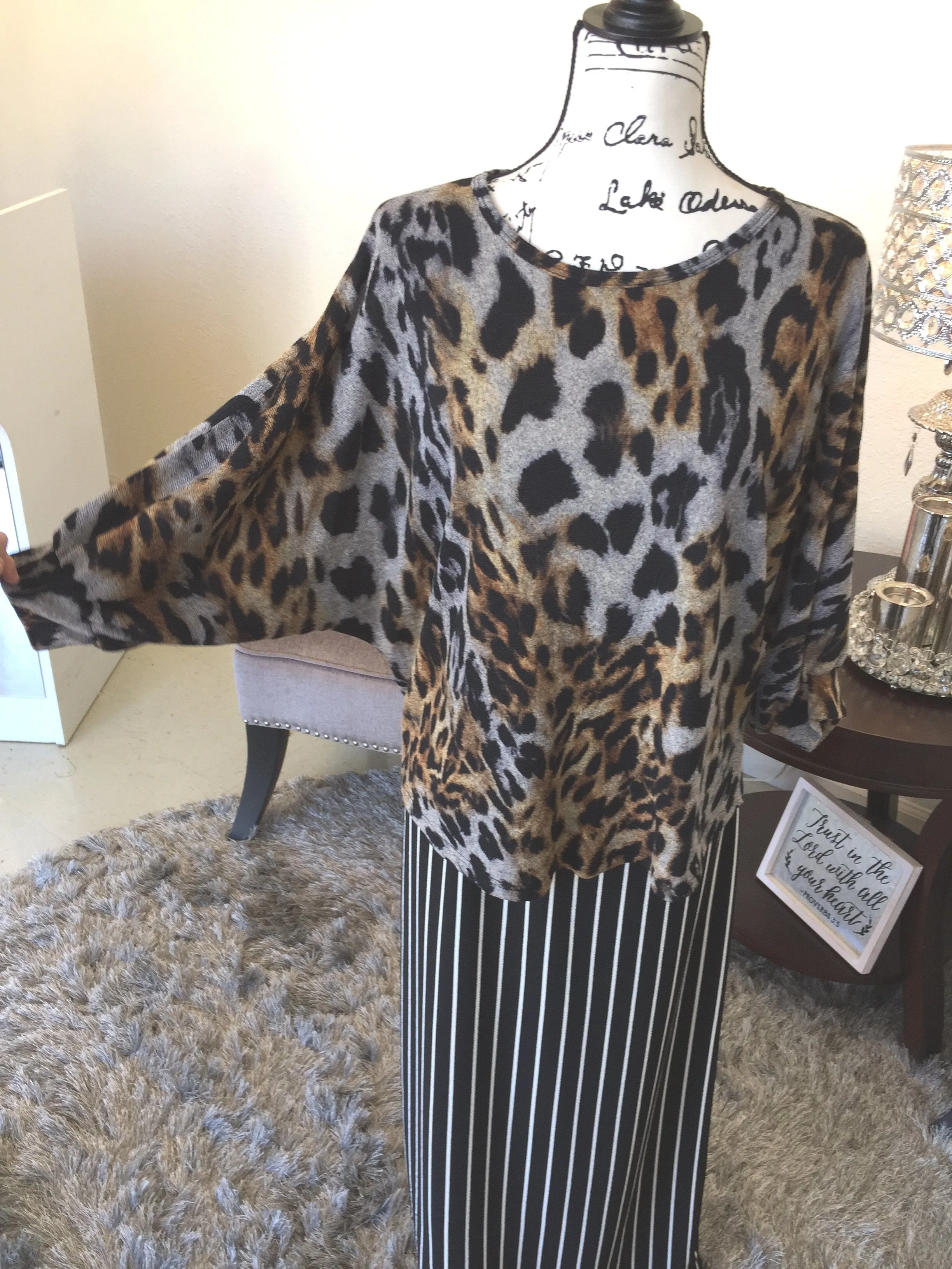 Leopard Top with cuffed Dolman Sleeves