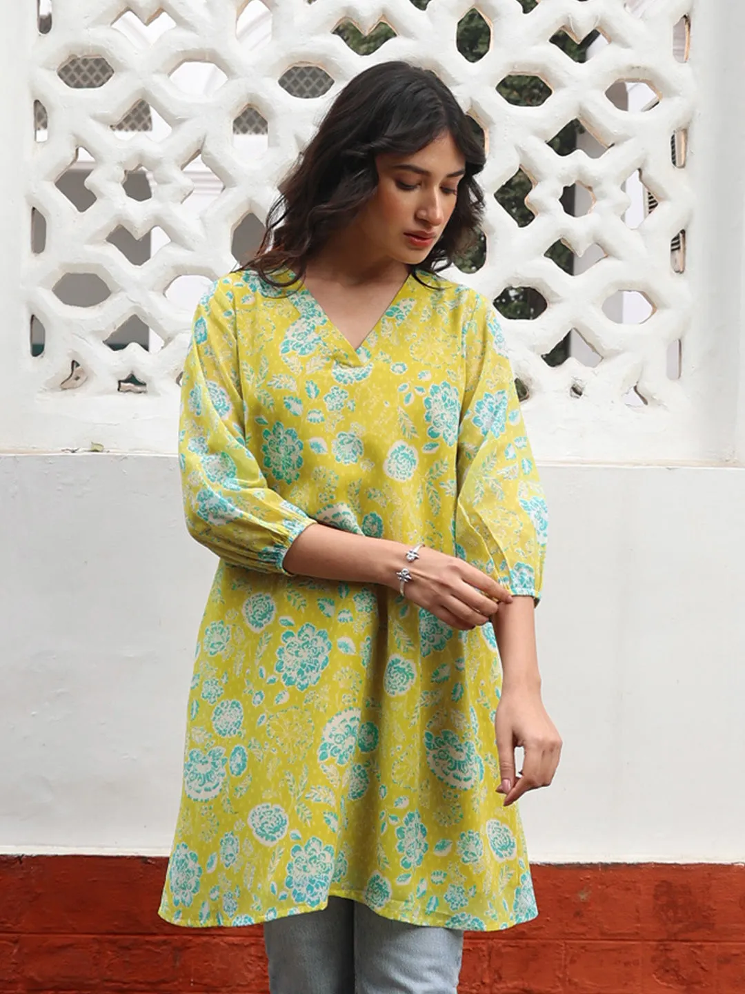 Lime Yellow Georgette Floral Tunic  - By Janasya