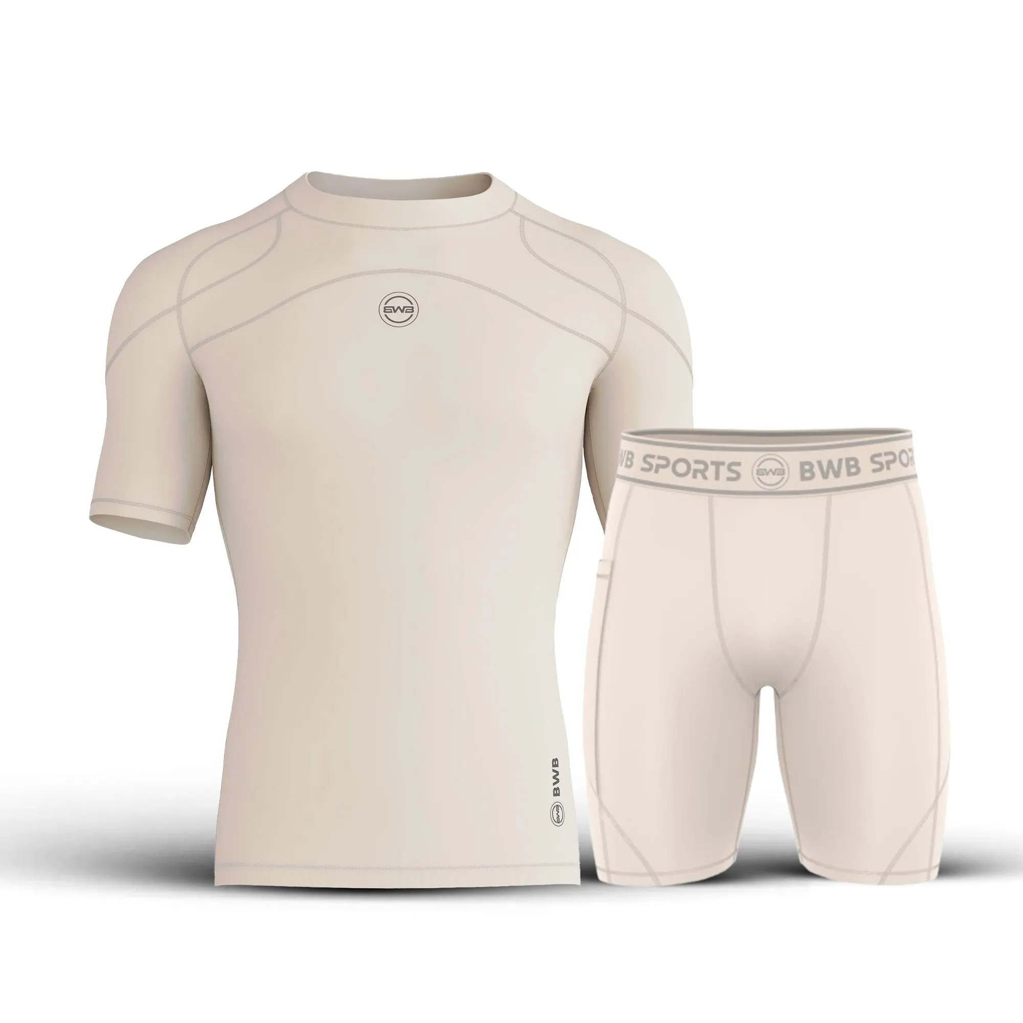 Men's Beige Short Sleeve Baselayer Compression Shirt & Shorts Set