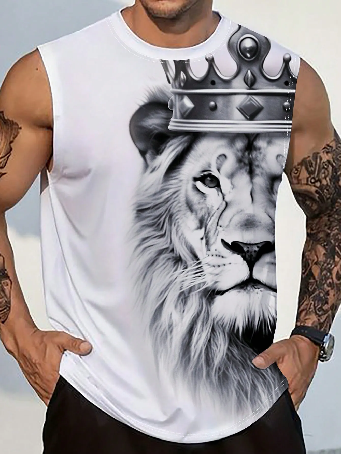 Men's Casual Lion Print Sleeveless Tank Top - Round Neck, Stretch Fabric