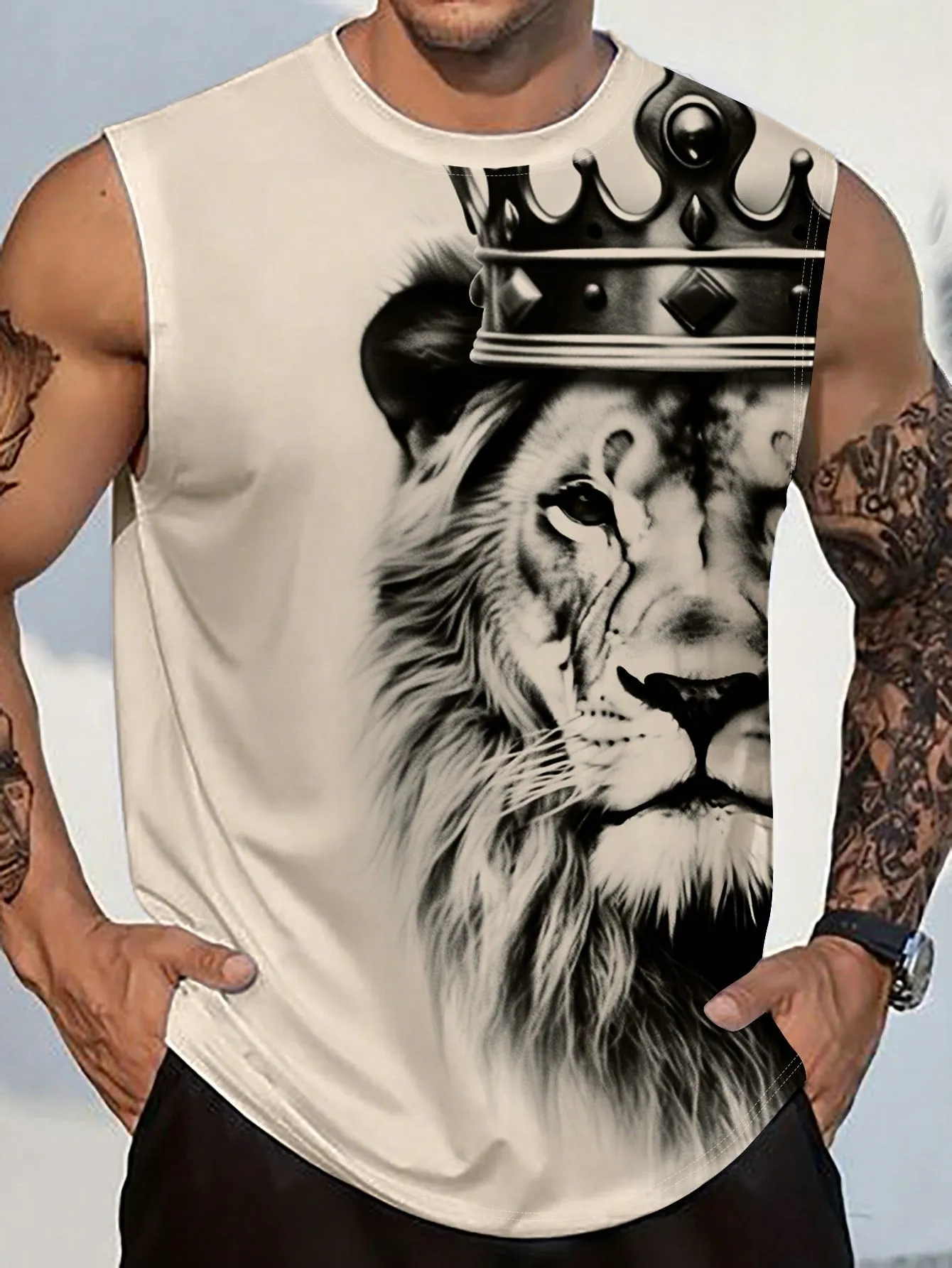 Men's Casual Lion Print Sleeveless Tank Top - Round Neck, Stretch Fabric