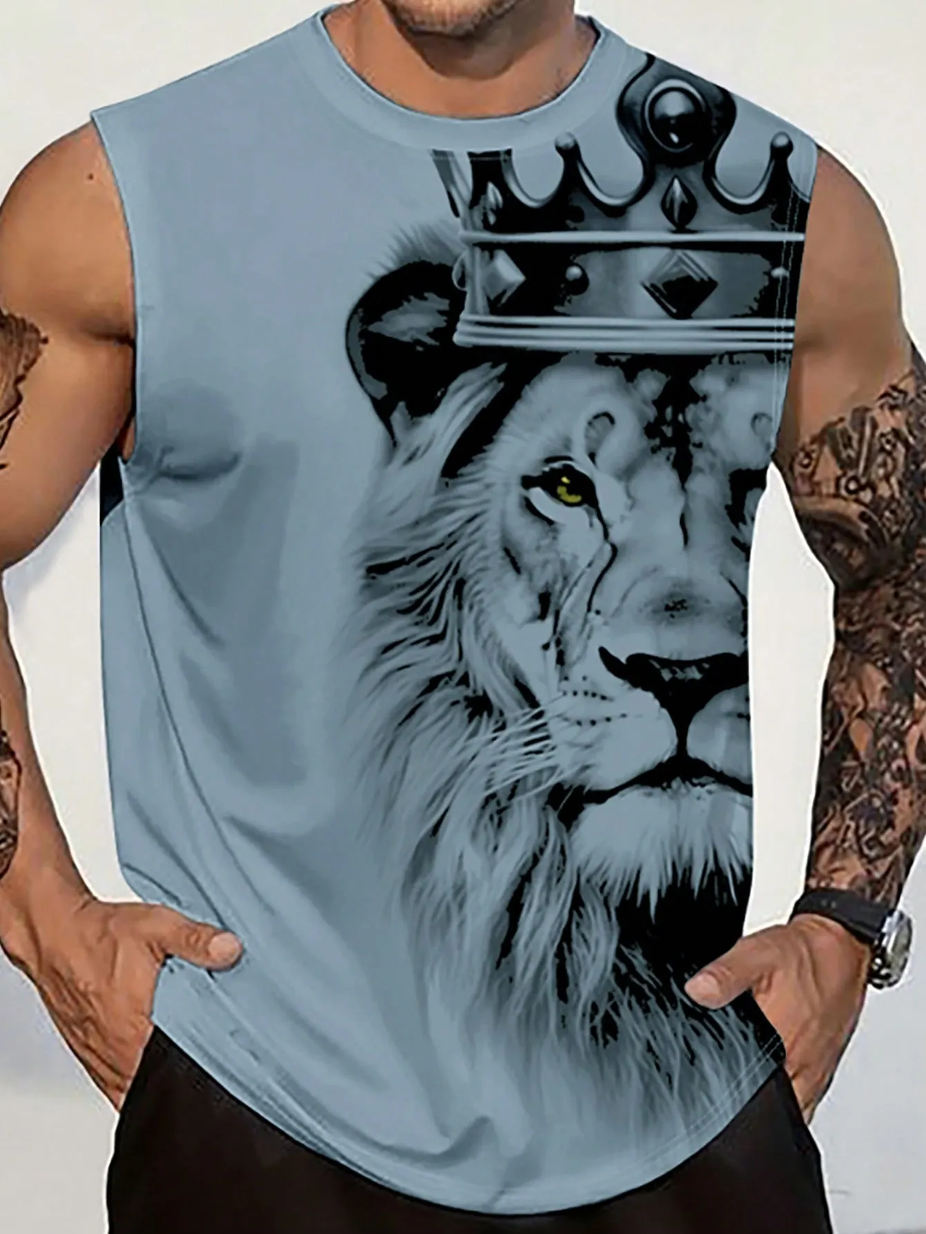 Men's Casual Lion Print Sleeveless Tank Top - Round Neck, Stretch Fabric