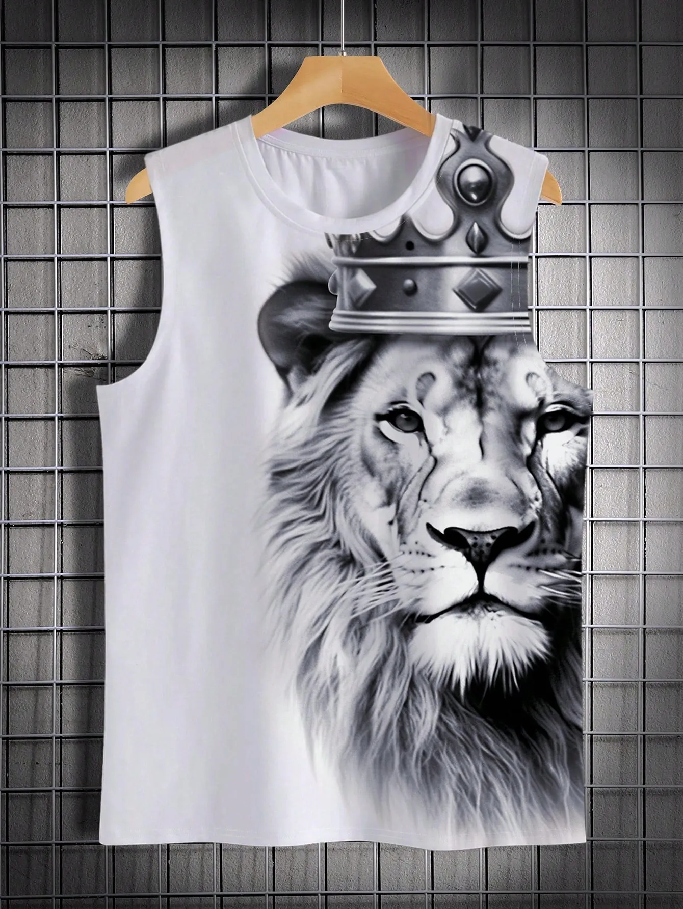 Men's Casual Lion Print Sleeveless Tank Top - Round Neck, Stretch Fabric