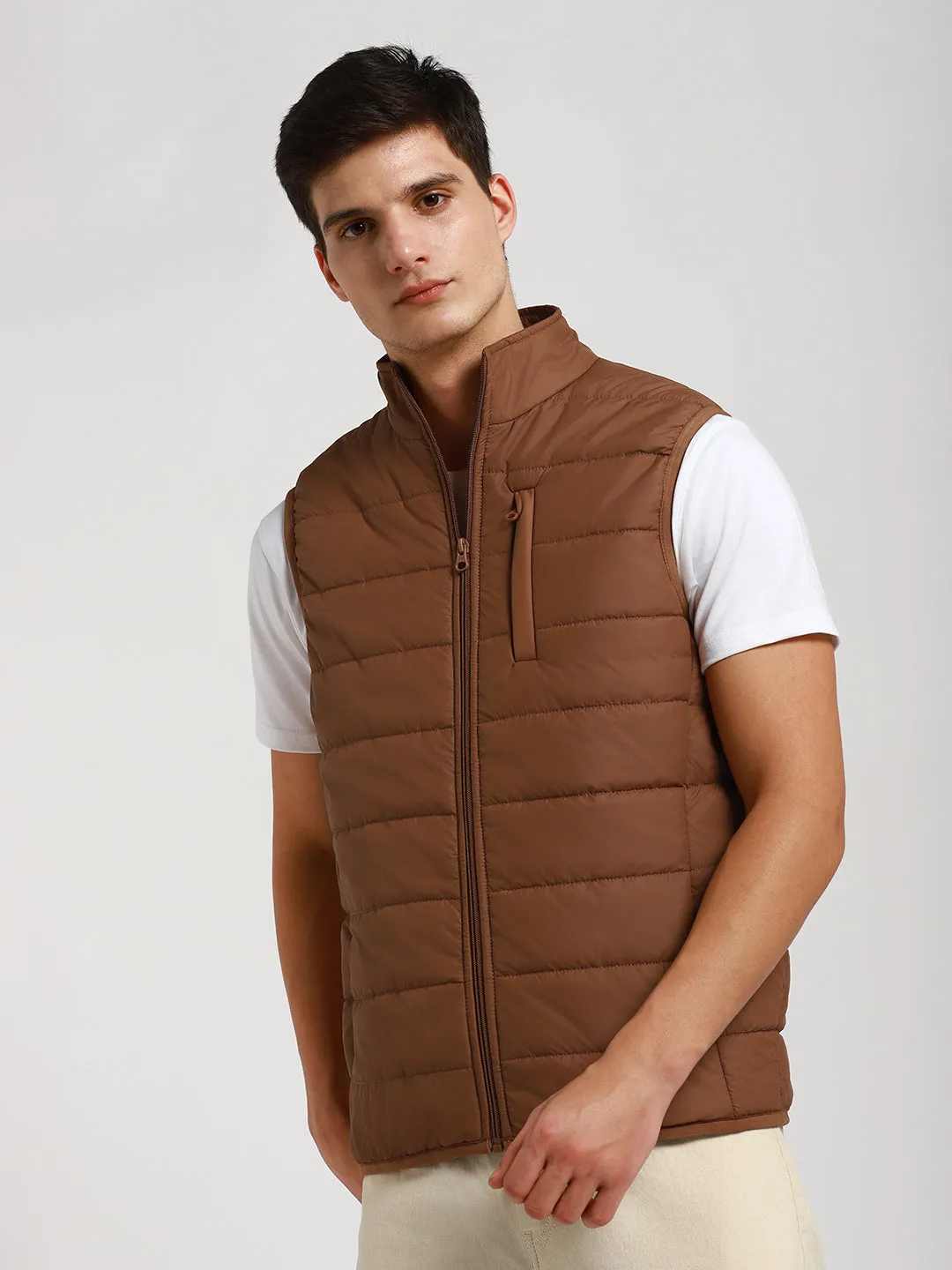 Men's Mock Collar Regular Fit Solid Quilted Oxford Tan Jacket