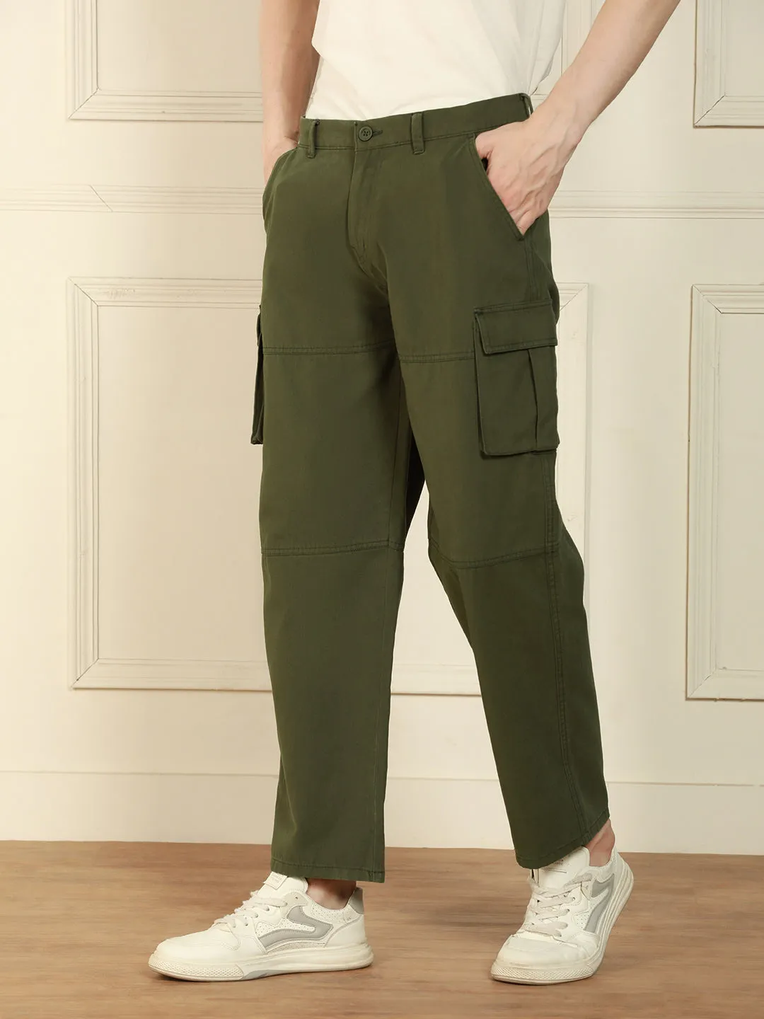 Men's Olive Relaxed Fit Solid Cotton Lycra Stretchable Trousers