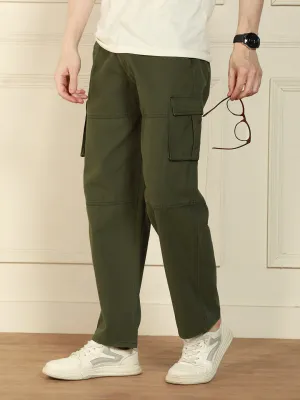 Men's Olive Relaxed Fit Solid Cotton Lycra Stretchable Trousers