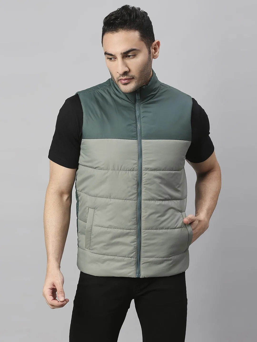 Mens Sleeve Less Jacket - Lightweight Casual Winterwear  (M Green)