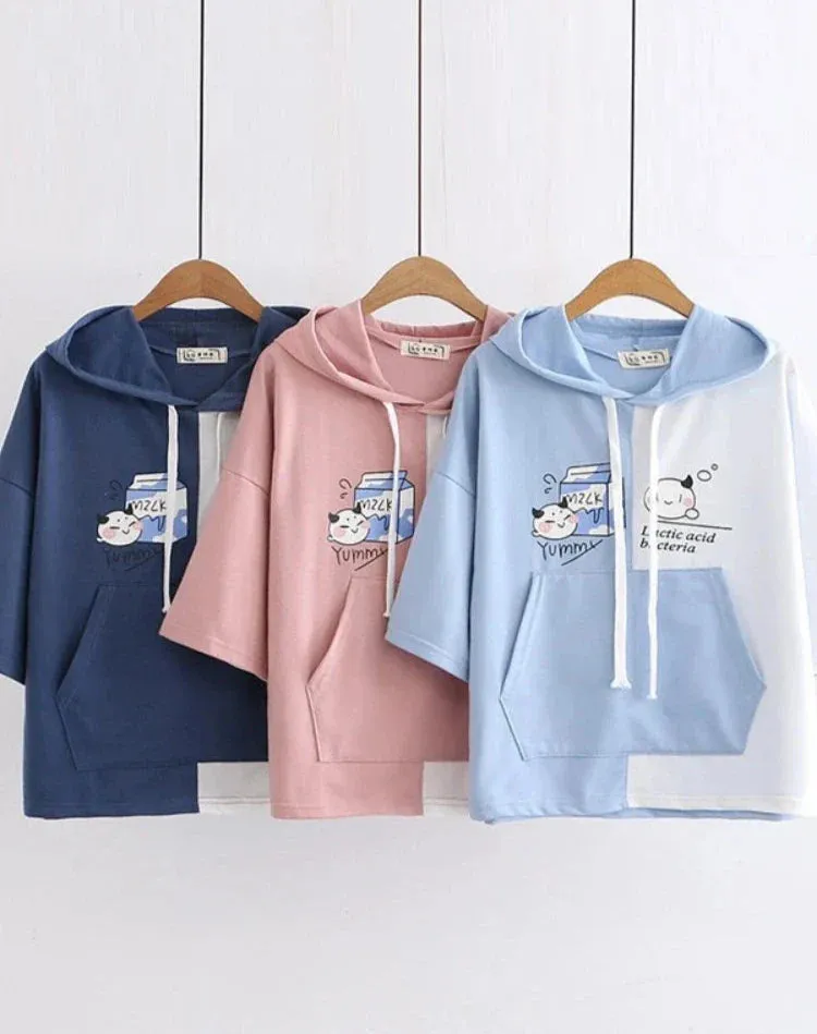 Metaversmall Women Cartoon Print Funny Hooded Sweatshirts Short Sleeve Patchwork Hit Color Hoodie Loose Pullovers Tracksuit With Pocket