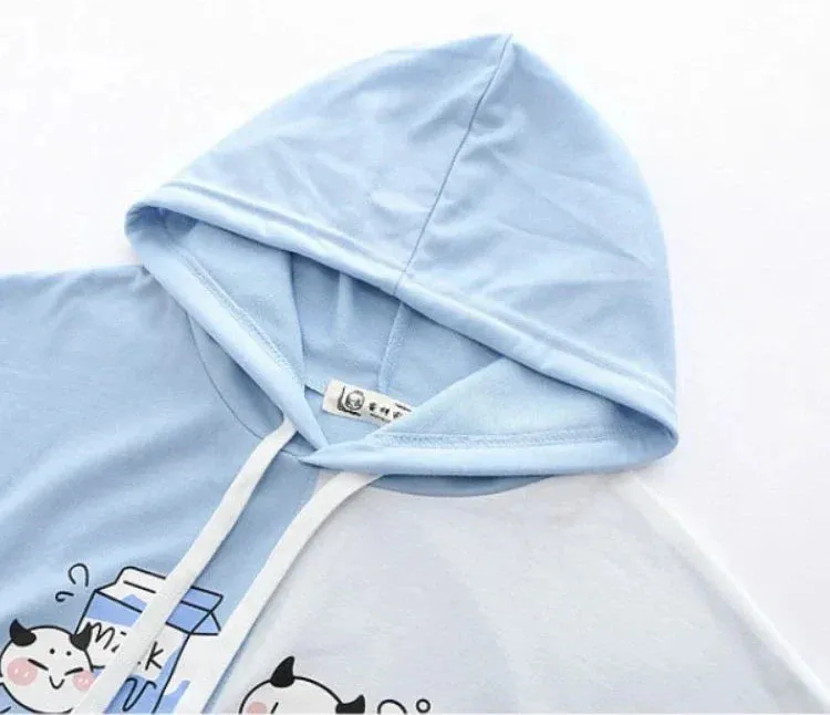 Metaversmall Women Cartoon Print Funny Hooded Sweatshirts Short Sleeve Patchwork Hit Color Hoodie Loose Pullovers Tracksuit With Pocket