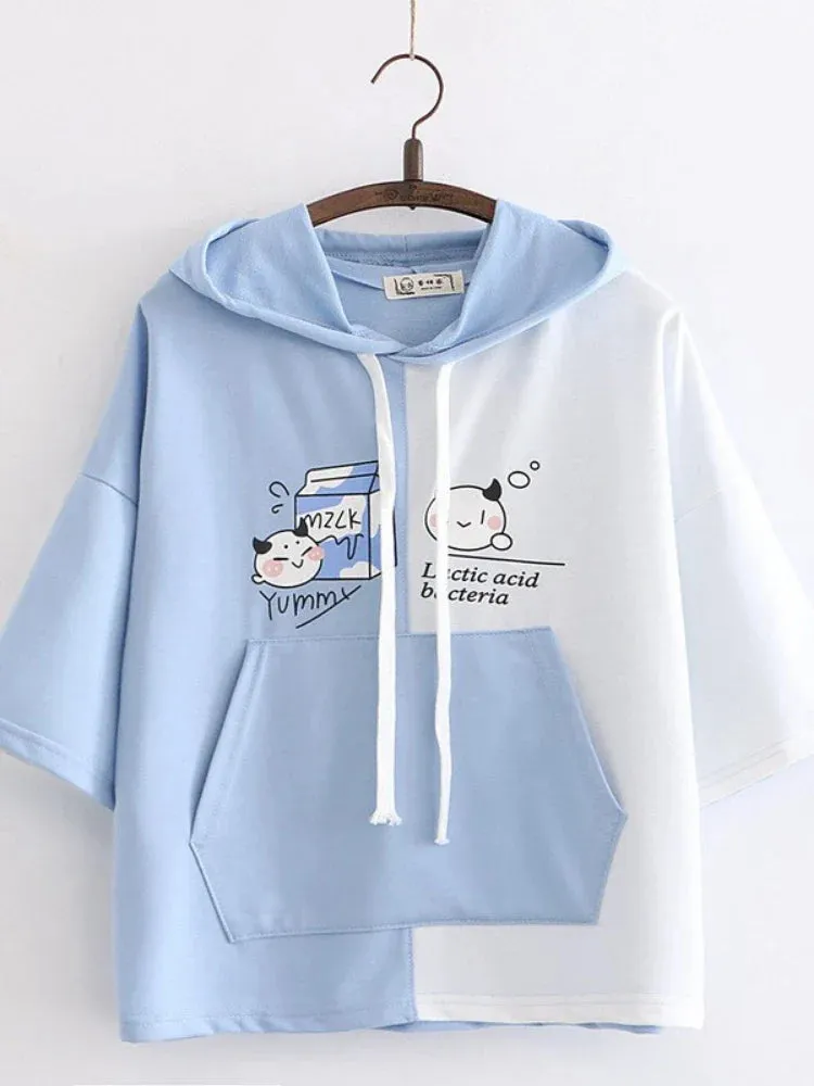 Metaversmall Women Cartoon Print Funny Hooded Sweatshirts Short Sleeve Patchwork Hit Color Hoodie Loose Pullovers Tracksuit With Pocket