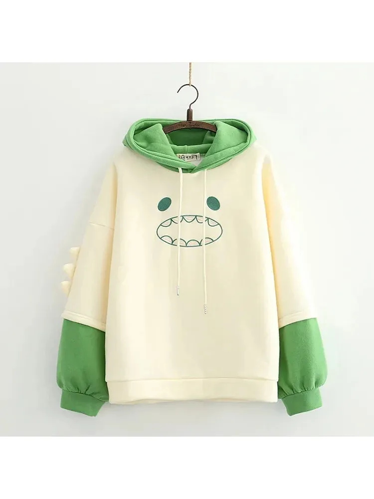 Metaversmall Women Hooded Sweatshirt Casual Loose Long Sleeve Cartoon Embroidery Hoodies Female Winter Fleece Thick Pullover