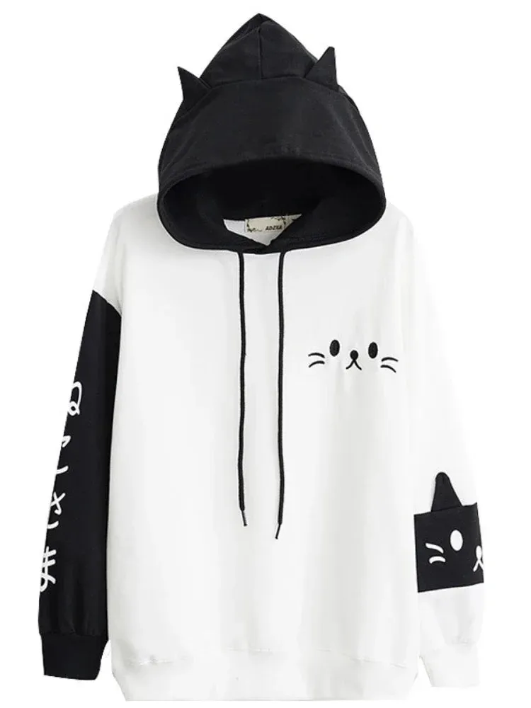 Metaversmall Women Hooded Sweatshirts Fall Winter Long Sleeve Hit Color Pullover Femme Cartoon Cat Embroidery Harajuku Hoodies