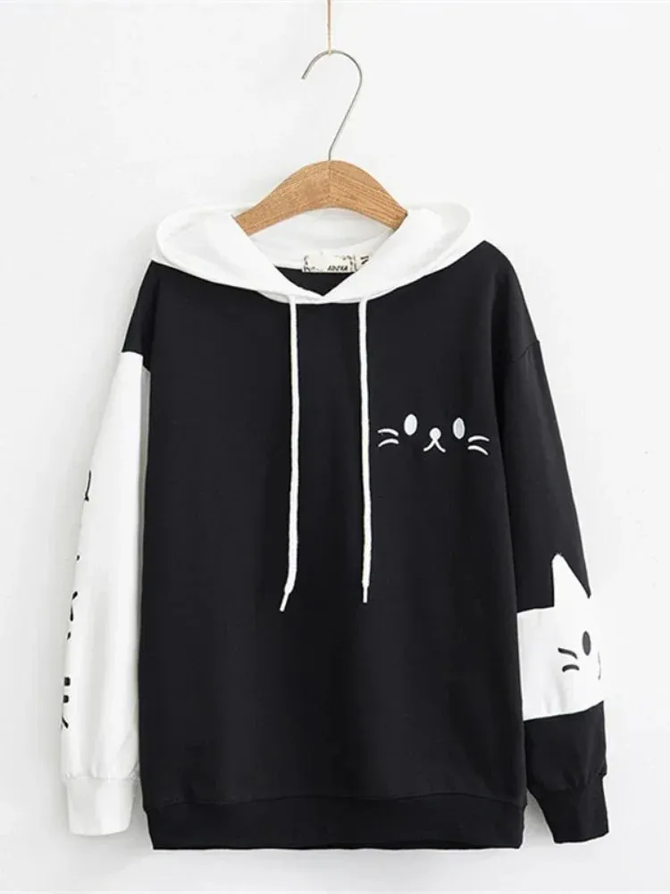 Metaversmall Women Hooded Sweatshirts Fall Winter Long Sleeve Hit Color Pullover Femme Cartoon Cat Embroidery Harajuku Hoodies