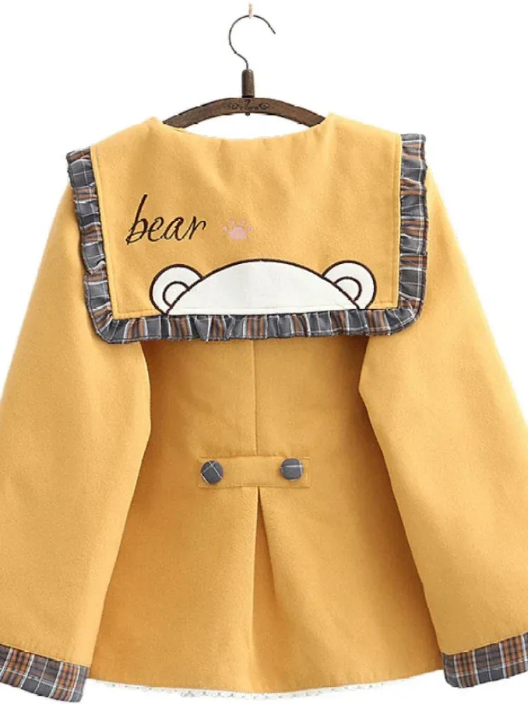 Metaversmall Women Jackets Cartoon Bear Embroidery Single Breasted Coat Autumn Winter Flare Sleeve Sailor Collar Sweet Style Outwears