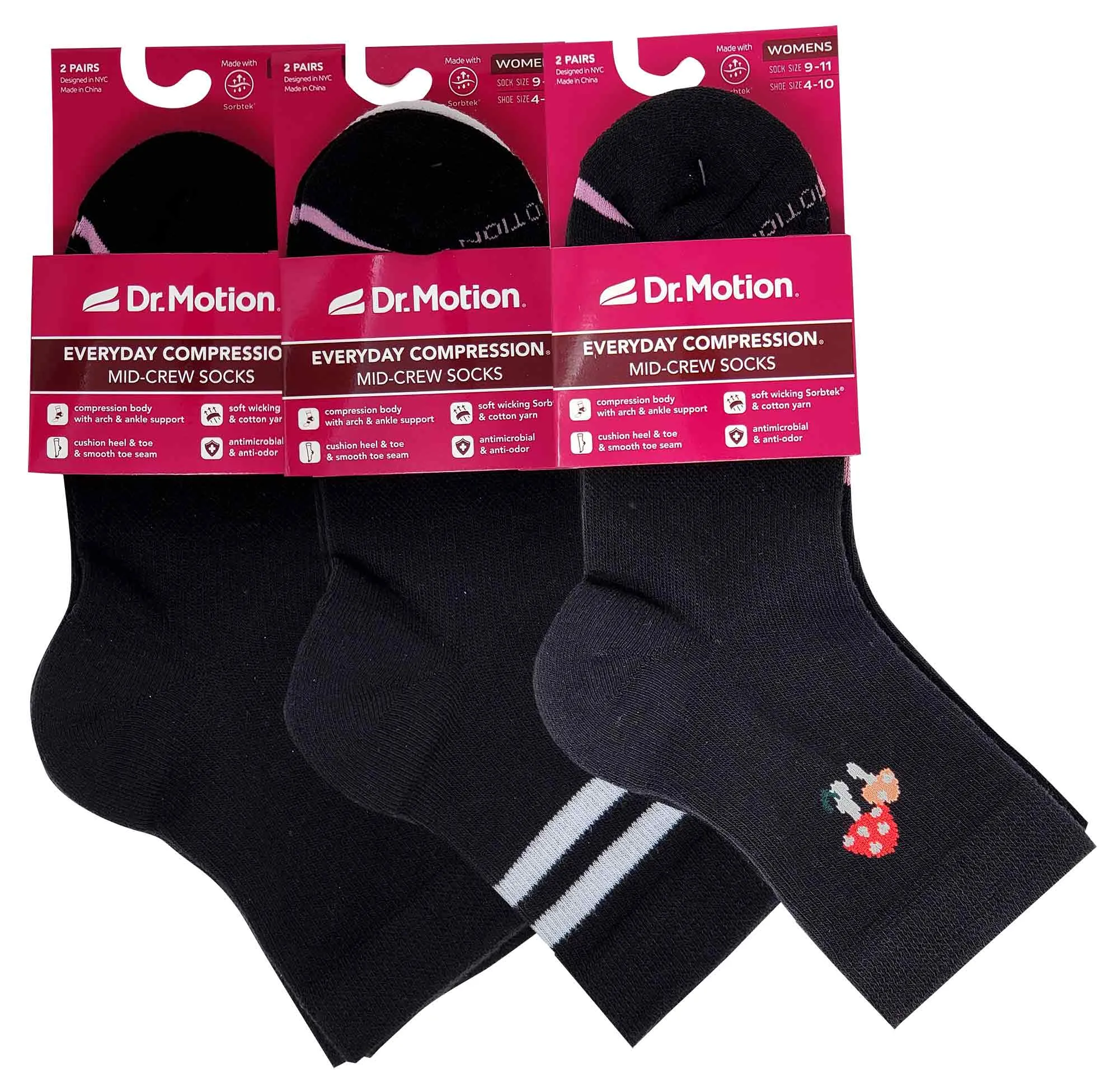 Mid-Crew Compression Socks | Assorted Black Half-Cushion | Dr Motion ( 6 Pairs )