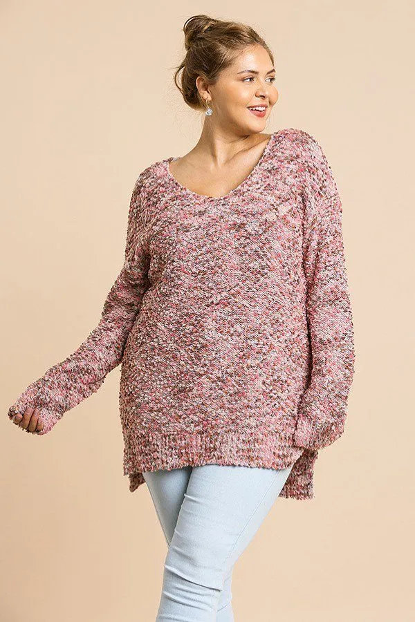 Multicolor Long Sleeve V-neck Soft Knit Pullover Tunic Sweater