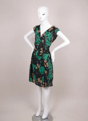 Navy, Green, and Tan Floral Print Sleeveless Cotton Dress